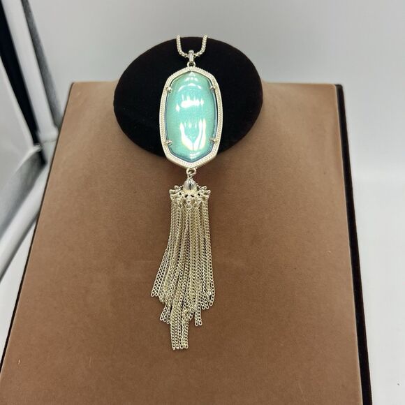 Kendra Scott Rayne Silver Tone Tassel Pendant Aurora Borealis Glass Necklace - Picture 1 of 14